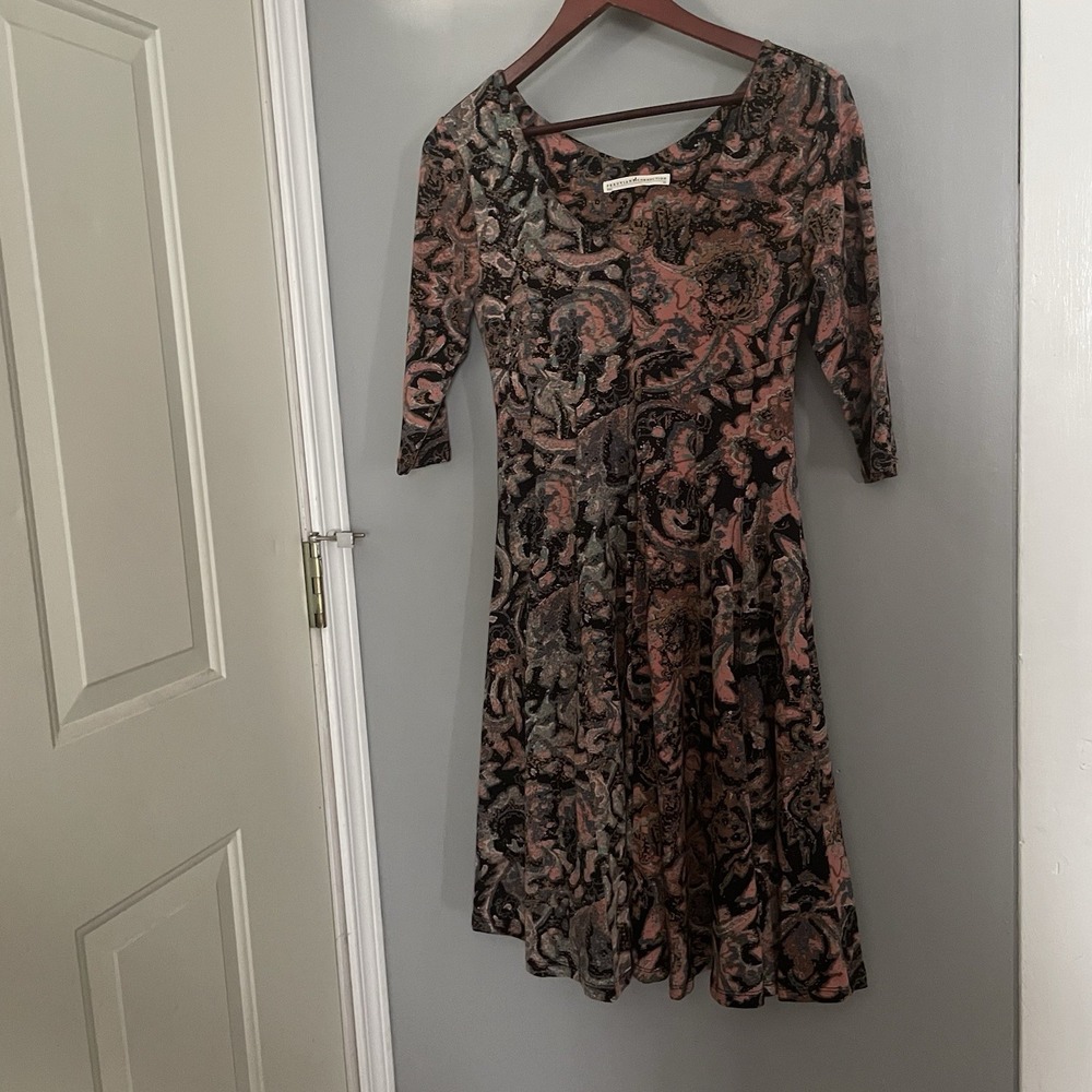 Peruvian Connection Midi Dress, Full Skirt, Multicolor, 3/4 Sleeve Size XS
